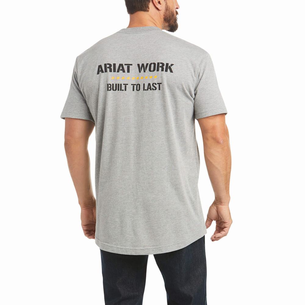 Grey Ariat Rebar Cotton Strong Done Right Men\'s Short Sleeve | MHOQ27389