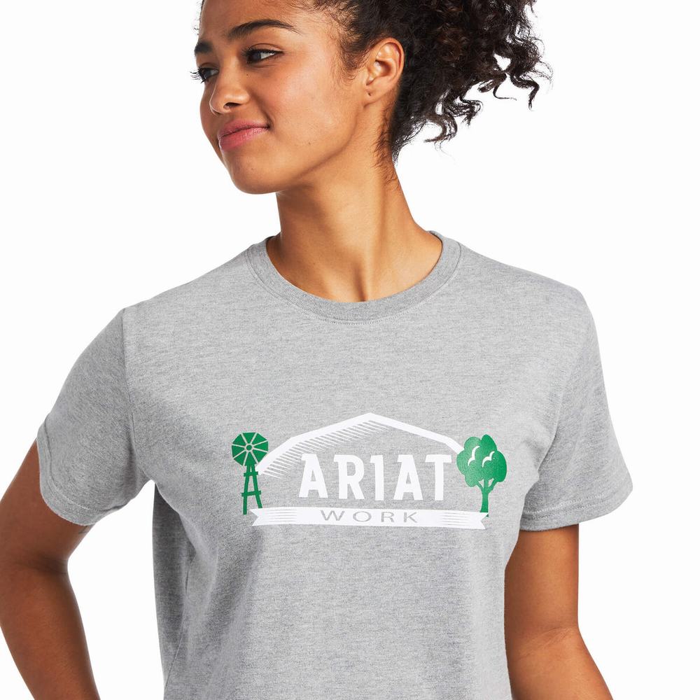 Grey Ariat Rebar Cotton Strong Farm Graphic Women's Tops | OVXL81326