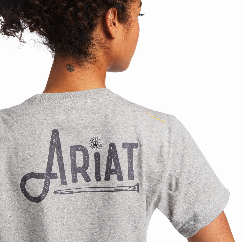 Grey Ariat Rebar Workman Graphic Logo Women's Tops | WQJB14075