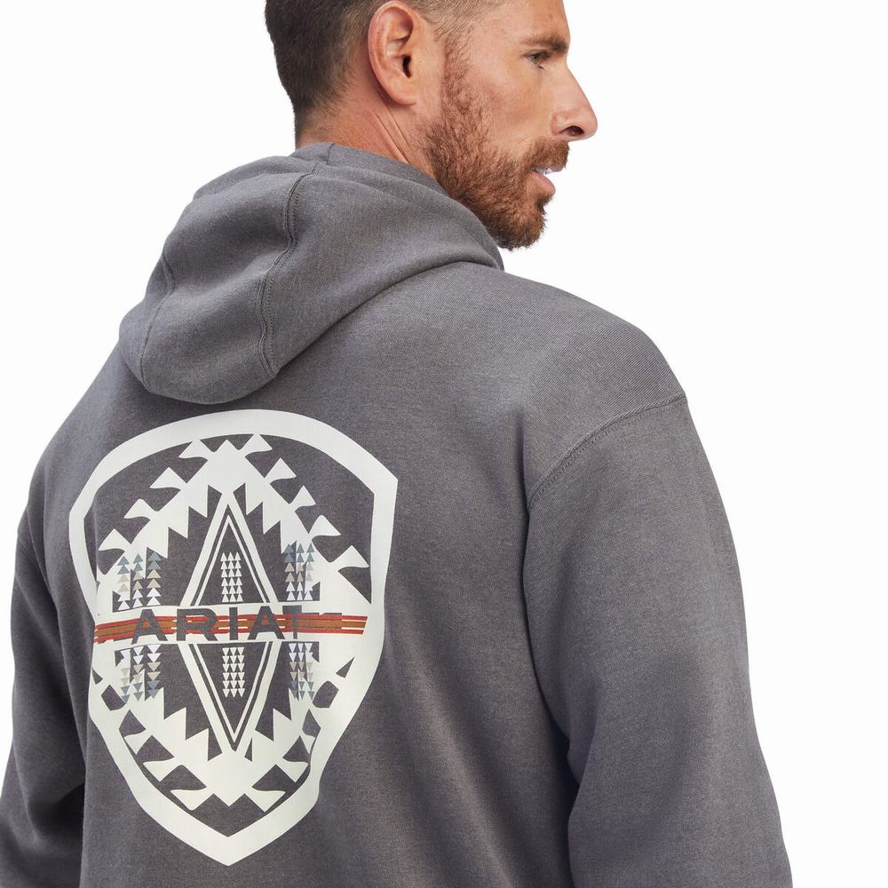 Grey Ariat Southwest Shield Men's Hoodies | QXPD65419