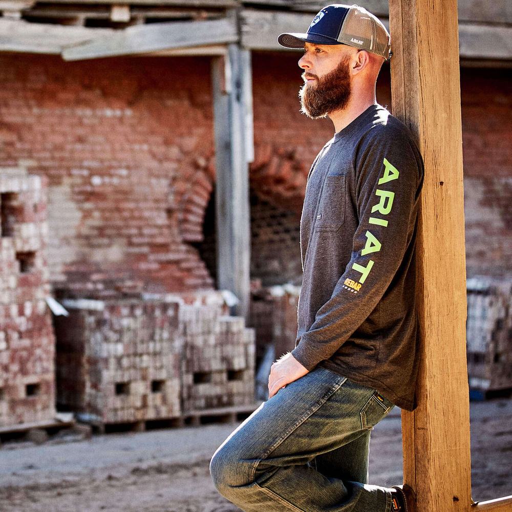 Grey Light Green Ariat Rebar Cotton Strong Graphic Men's T Shirts | ZJOE79601