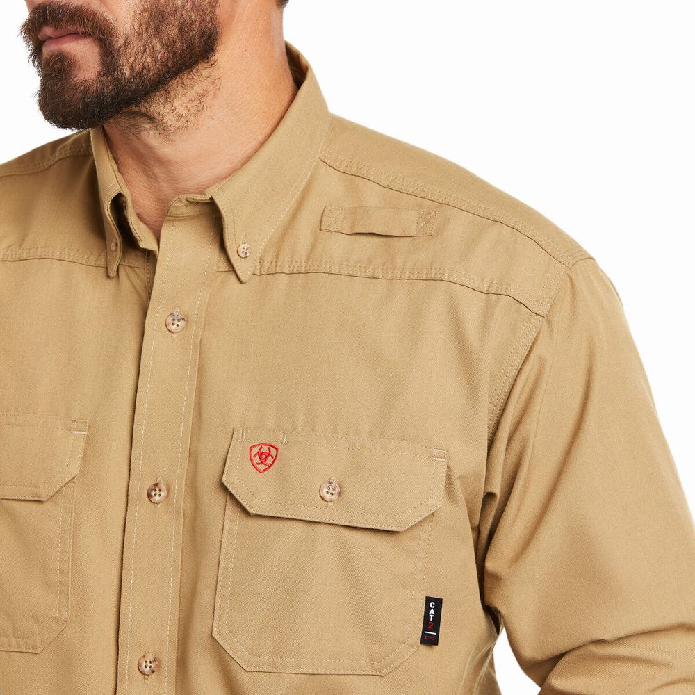 Khaki Ariat FR Featherlight Men's Shirts | SRQC23758