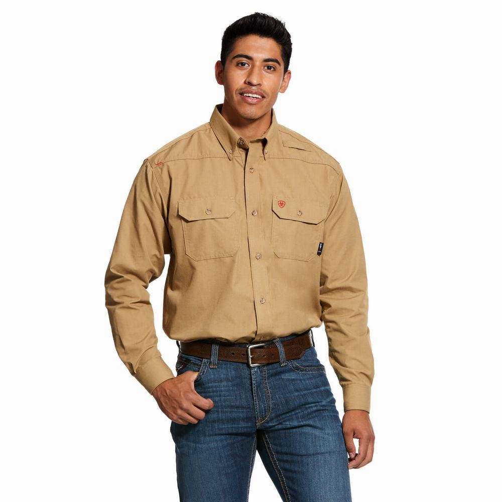 Khaki Ariat FR Featherlight Men\'s Shirts | SRQC23758