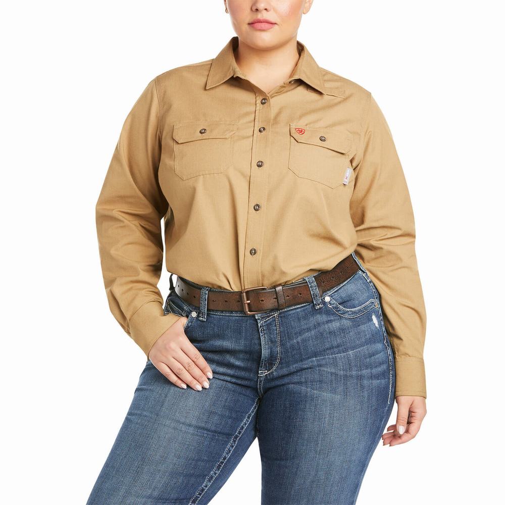 Khaki Ariat FR Featherlight Women's Shirts | KOZJ68907