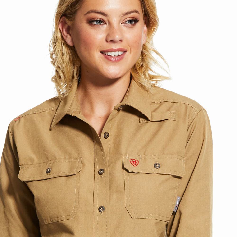 Khaki Ariat FR Featherlight Women's Shirts | KOZJ68907