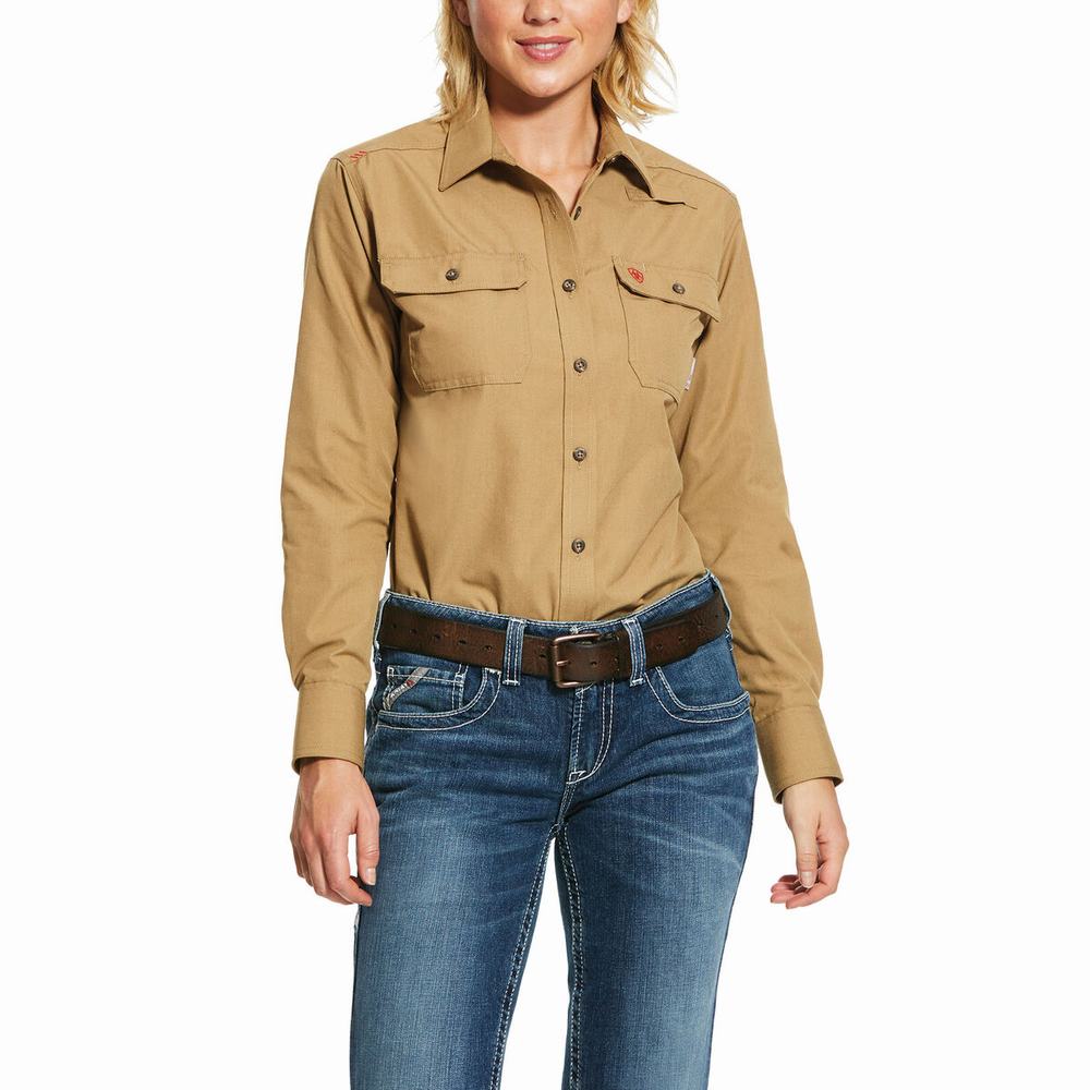 Khaki Ariat FR Featherlight Women\'s Shirts | KOZJ68907