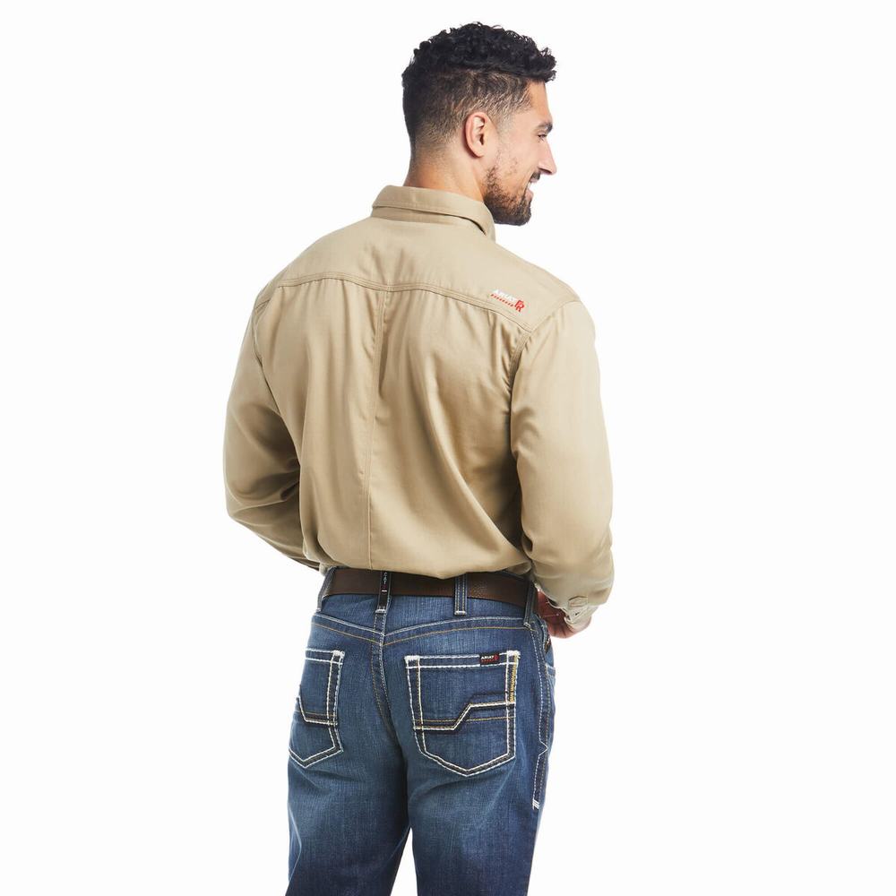 Khaki Ariat FR Solid Men's Shirts | ZMXA20351