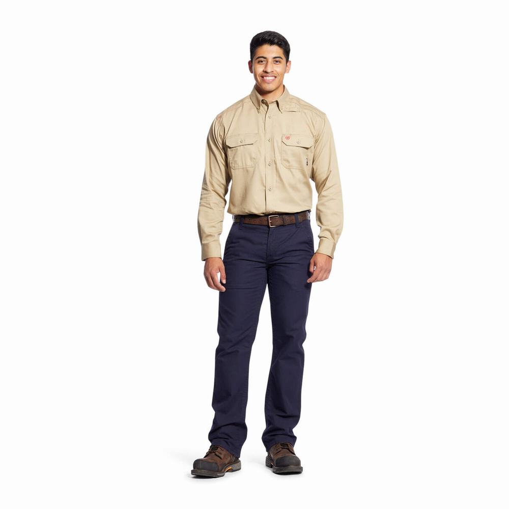 Khaki Ariat FR Solid Men's Shirts | ZMXA20351