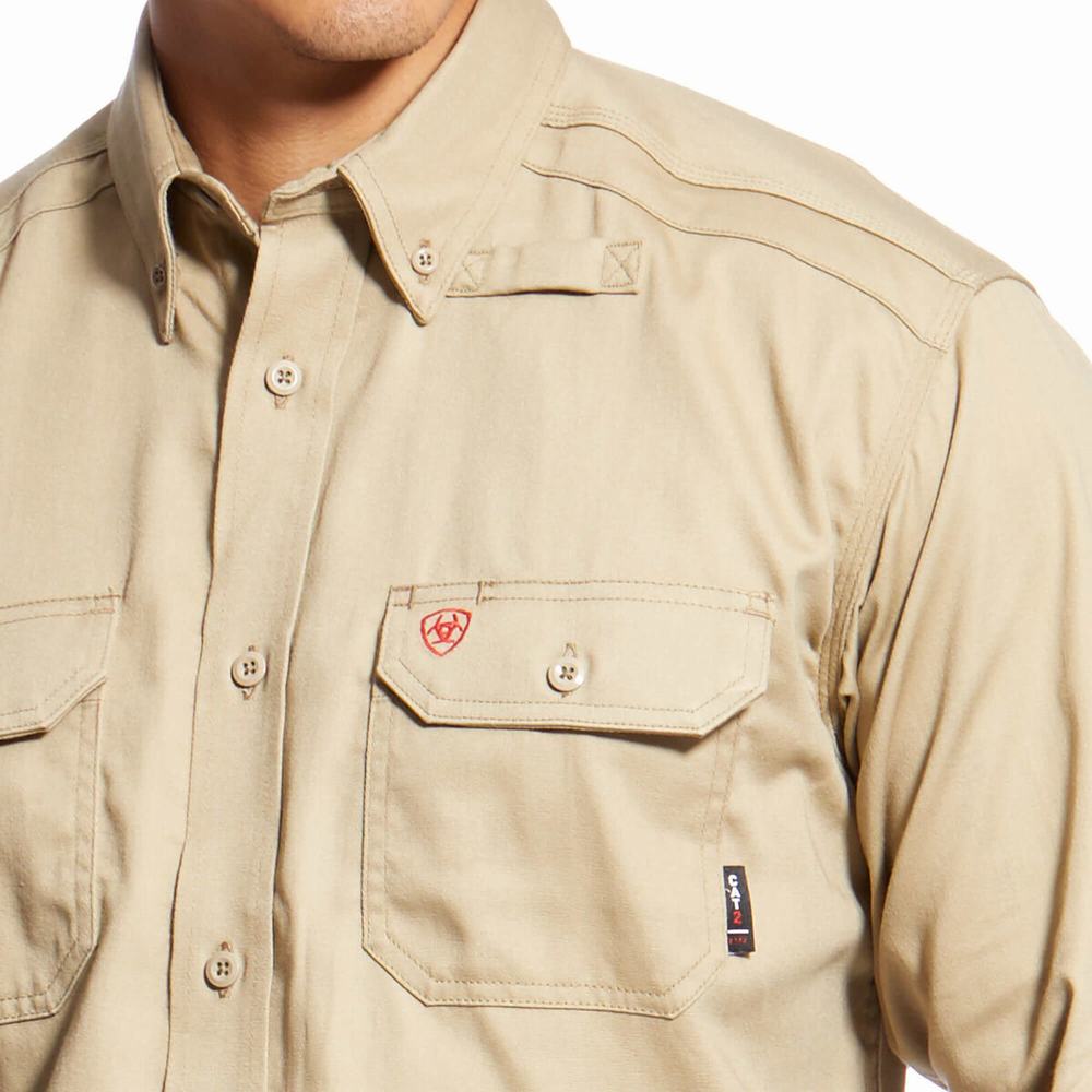 Khaki Ariat FR Solid Men's Shirts | ZMXA20351