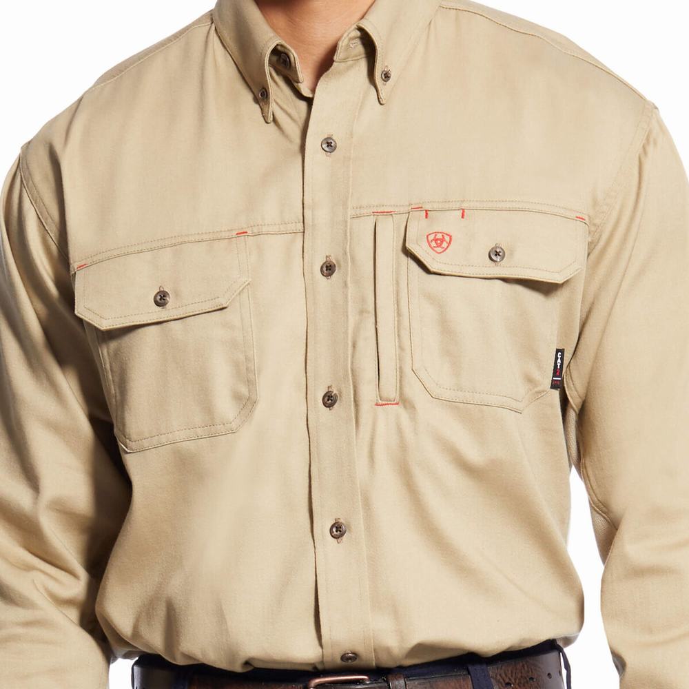 Khaki Ariat FR Solid Vent Men's Shirts | XSJN53182