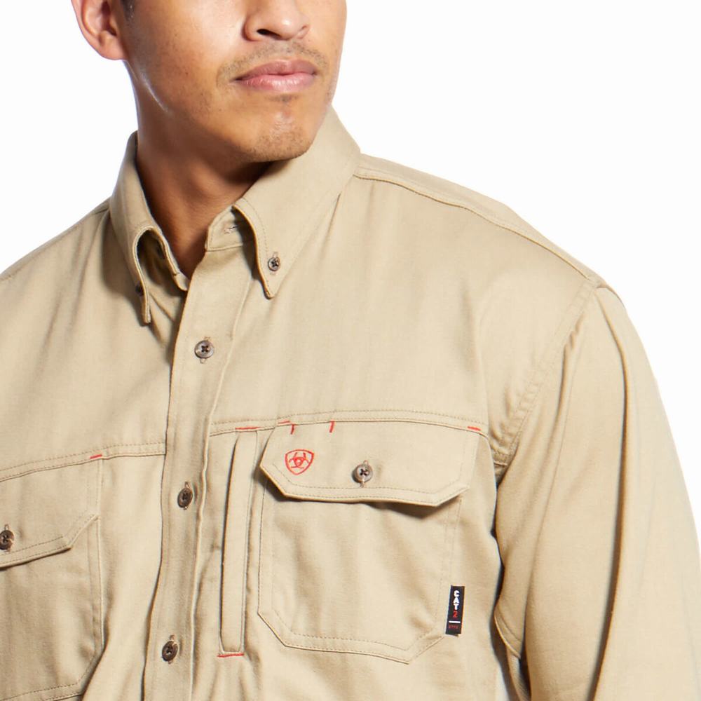 Khaki Ariat FR Solid Vent Men's Shirts | XSJN53182