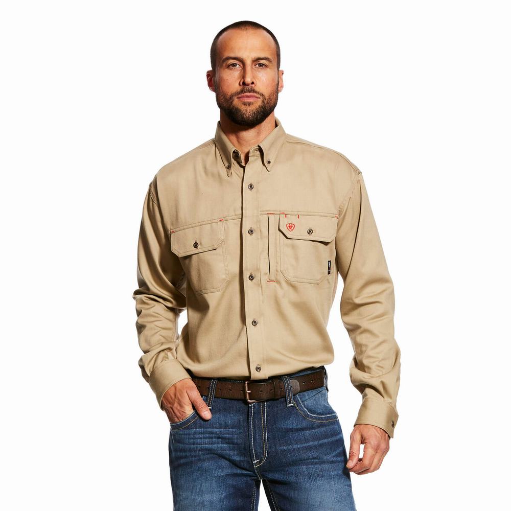 Khaki Ariat FR Solid Vent Men\'s Shirts | XSJN53182