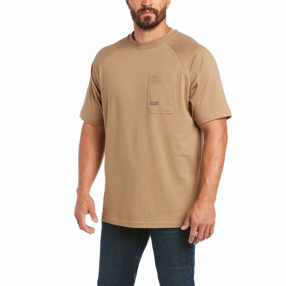 Khaki Ariat Rebar Cotton Strong Men\'s Short Sleeve | NJBZ91248