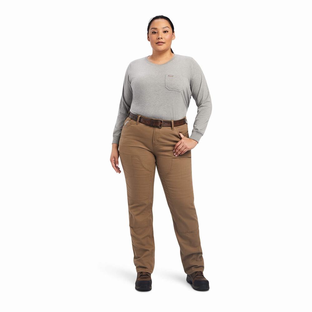 Khaki Ariat Rebar DuraStretch Made Tough Double Front Women's Pants | NADB16842