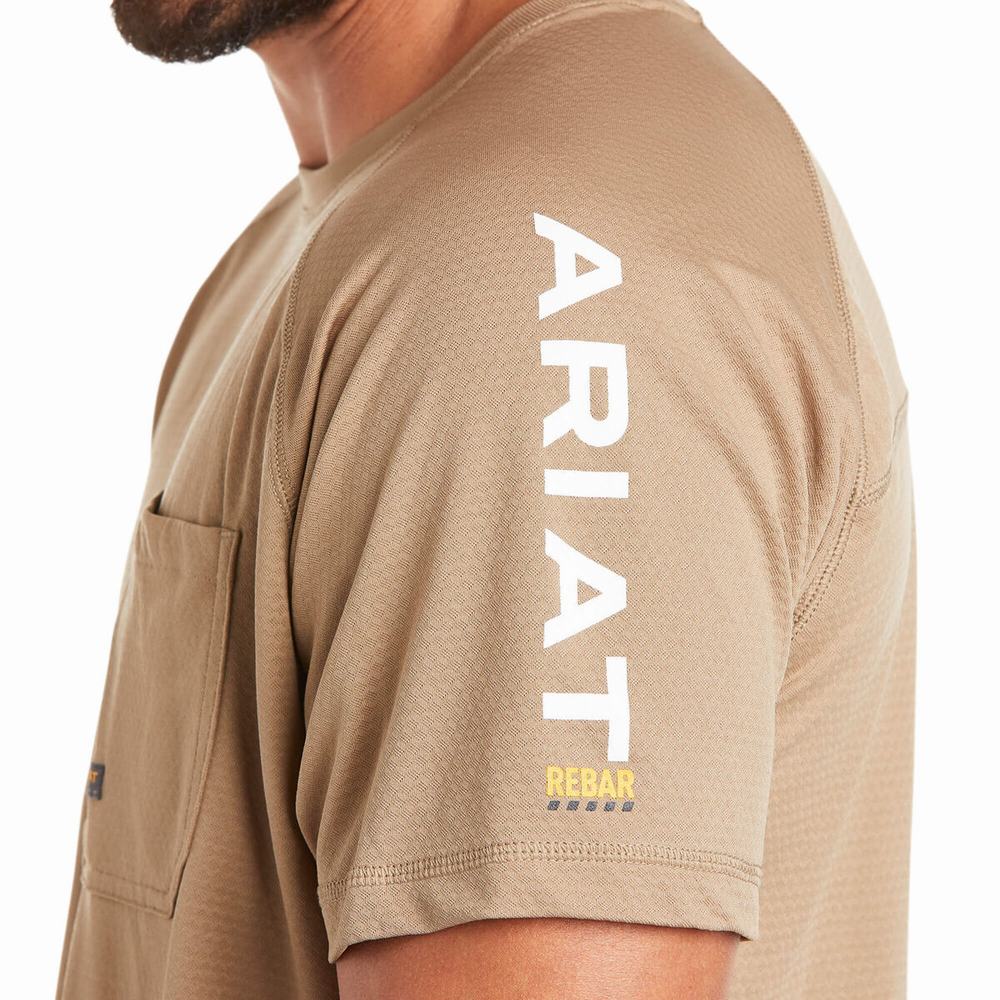 Khaki Ariat Rebar Heat Fighter Men's Short Sleeve | DNFK69287