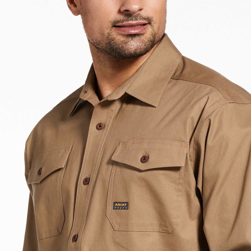 Khaki Ariat Rebar Made Tough DuraStretch Men's Shirts | AJXS82716