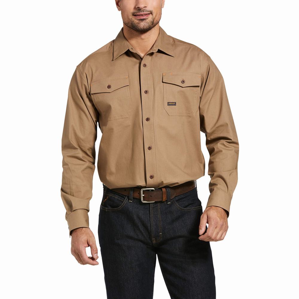 Khaki Ariat Rebar Made Tough DuraStretch Men\'s Shirts | AJXS82716