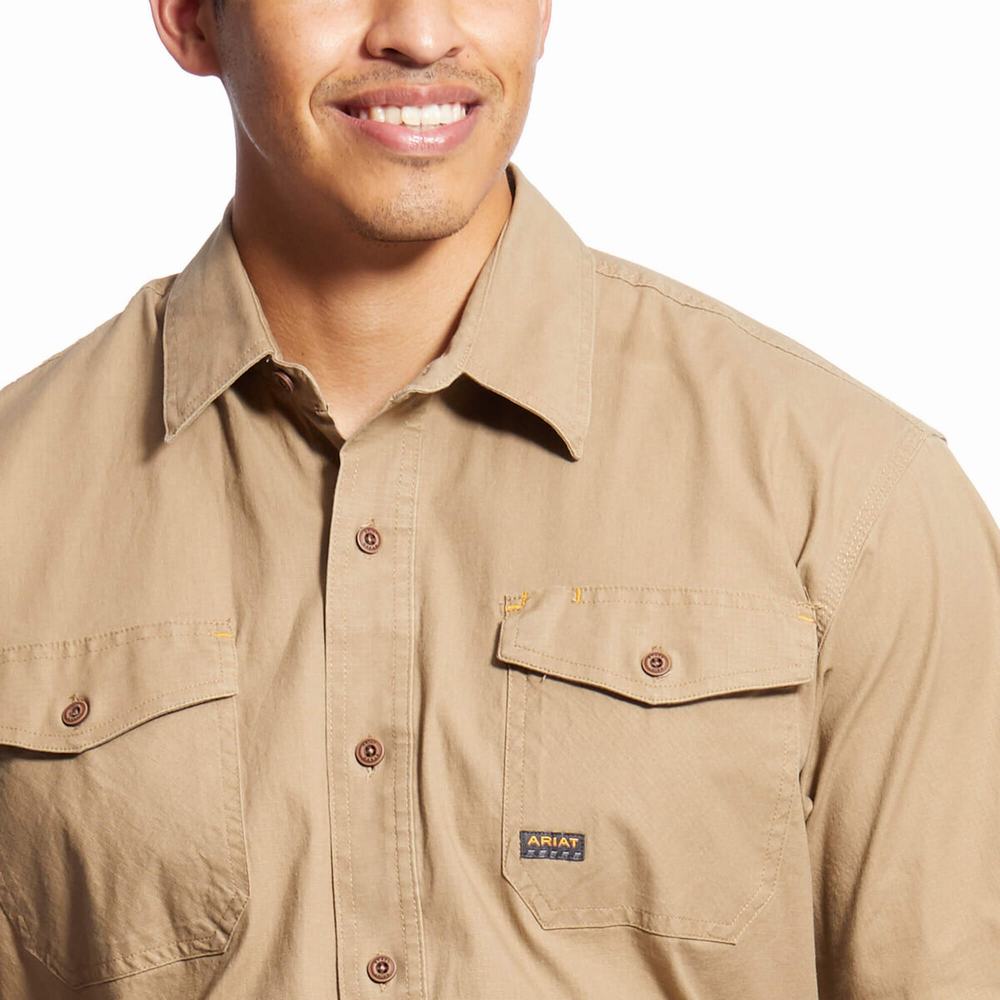 Khaki Ariat Rebar Made Tough DuraStretch Men's Shirts | EGKY59463