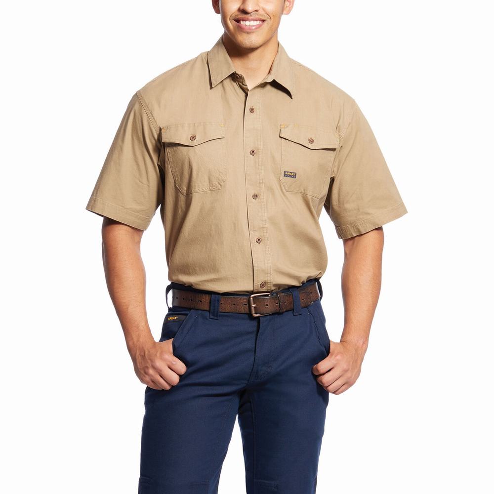 Khaki Ariat Rebar Made Tough DuraStretch Men\'s Shirts | EGKY59463