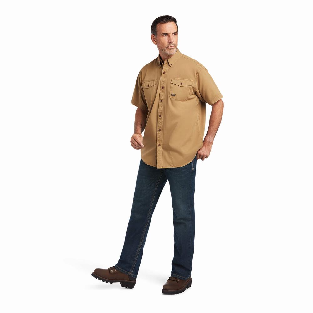 Khaki Ariat Rebar Washed Twill Men's Short Sleeve | SQYJ39714