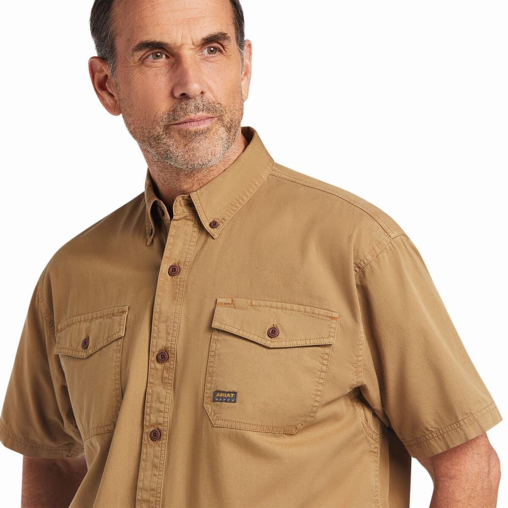 Khaki Ariat Rebar Washed Twill Men's Short Sleeve | SQYJ39714