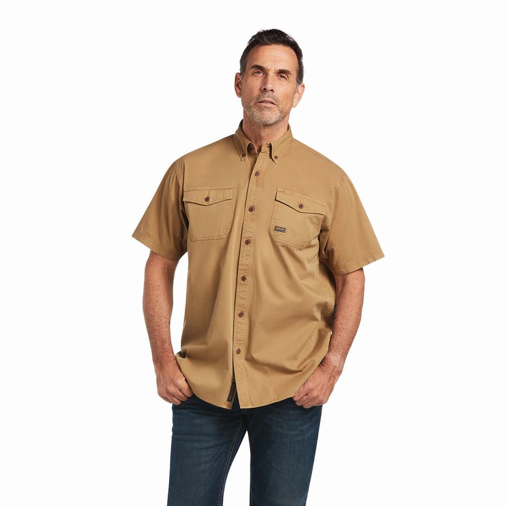 Khaki Ariat Rebar Washed Twill Men\'s Short Sleeve | SQYJ39714