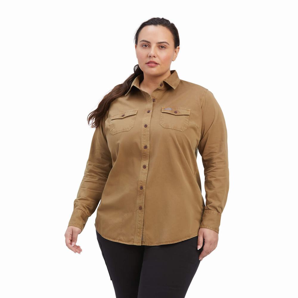 Khaki Ariat Rebar Washed Twill Women's Shirts | LSBF80524