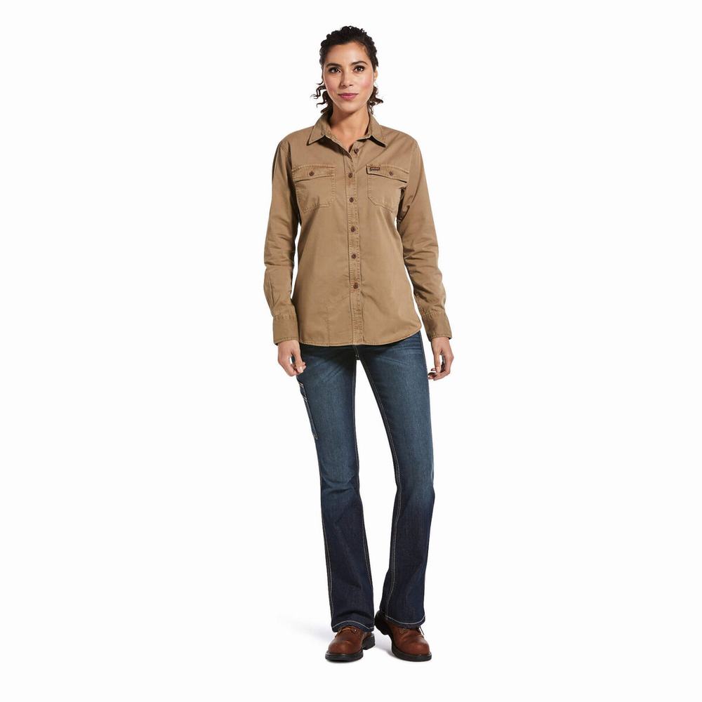 Khaki Ariat Rebar Washed Twill Women's Shirts | LSBF80524