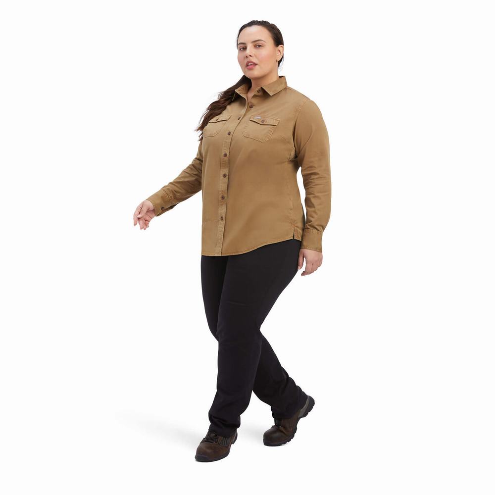 Khaki Ariat Rebar Washed Twill Women's Shirts | LSBF80524