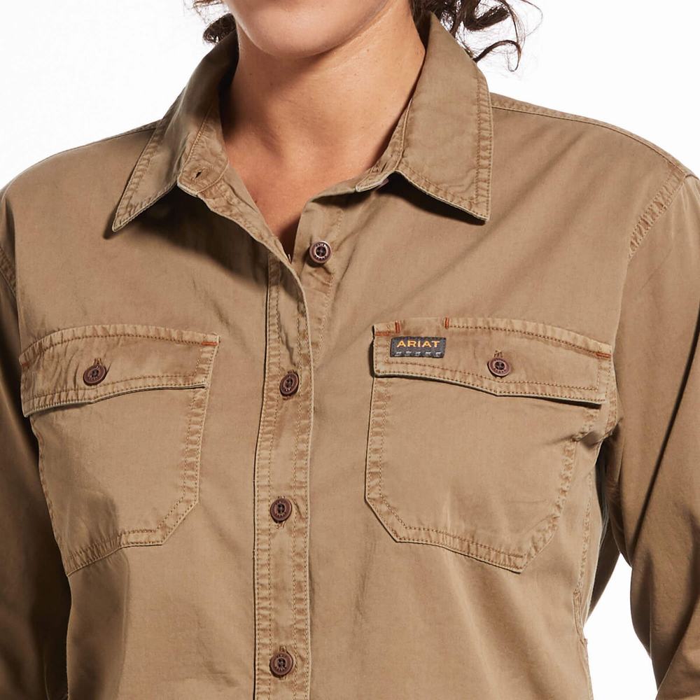 Khaki Ariat Rebar Washed Twill Women's Shirts | LSBF80524