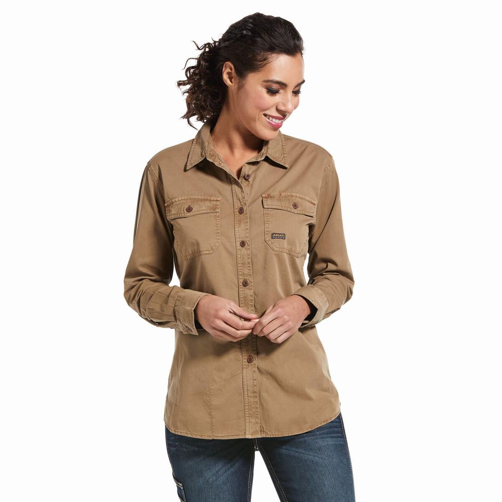 Khaki Ariat Rebar Washed Twill Women\'s Shirts | LSBF80524