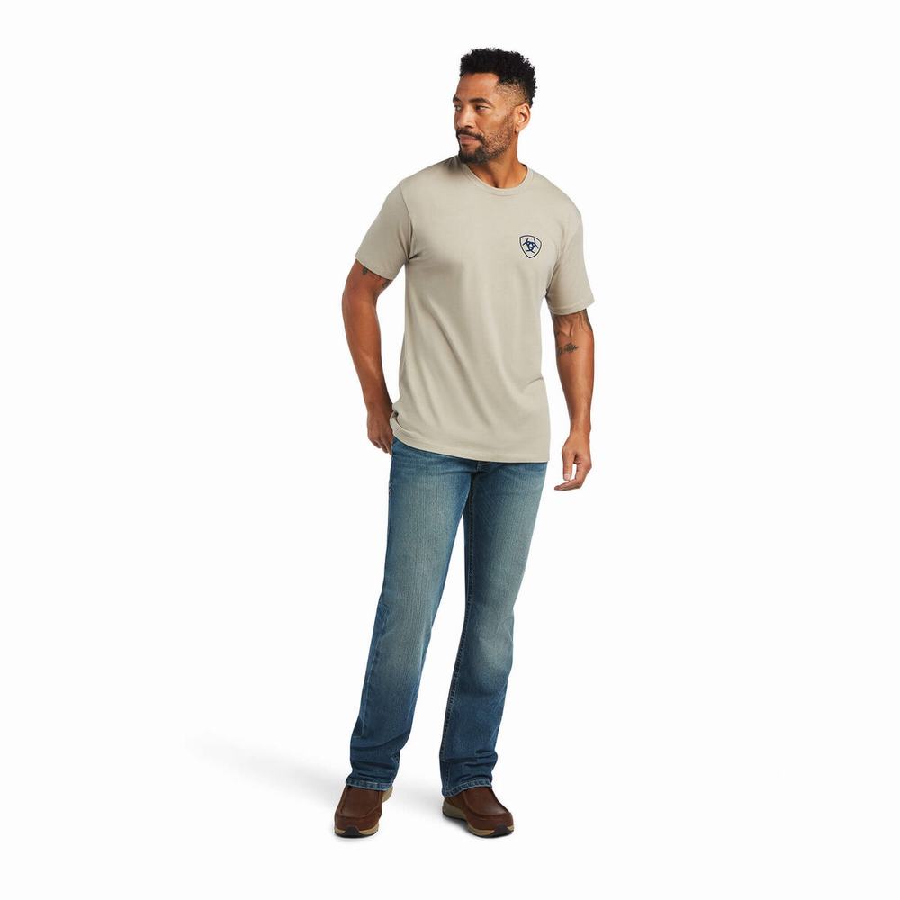 Khaki Ariat Woodgrain Flag Men's Polo Shirts | THYL31759