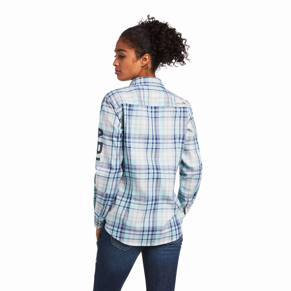 Light Turquoise Blue Ariat FR Sabine Logo Women's Shirts | HMRA20856