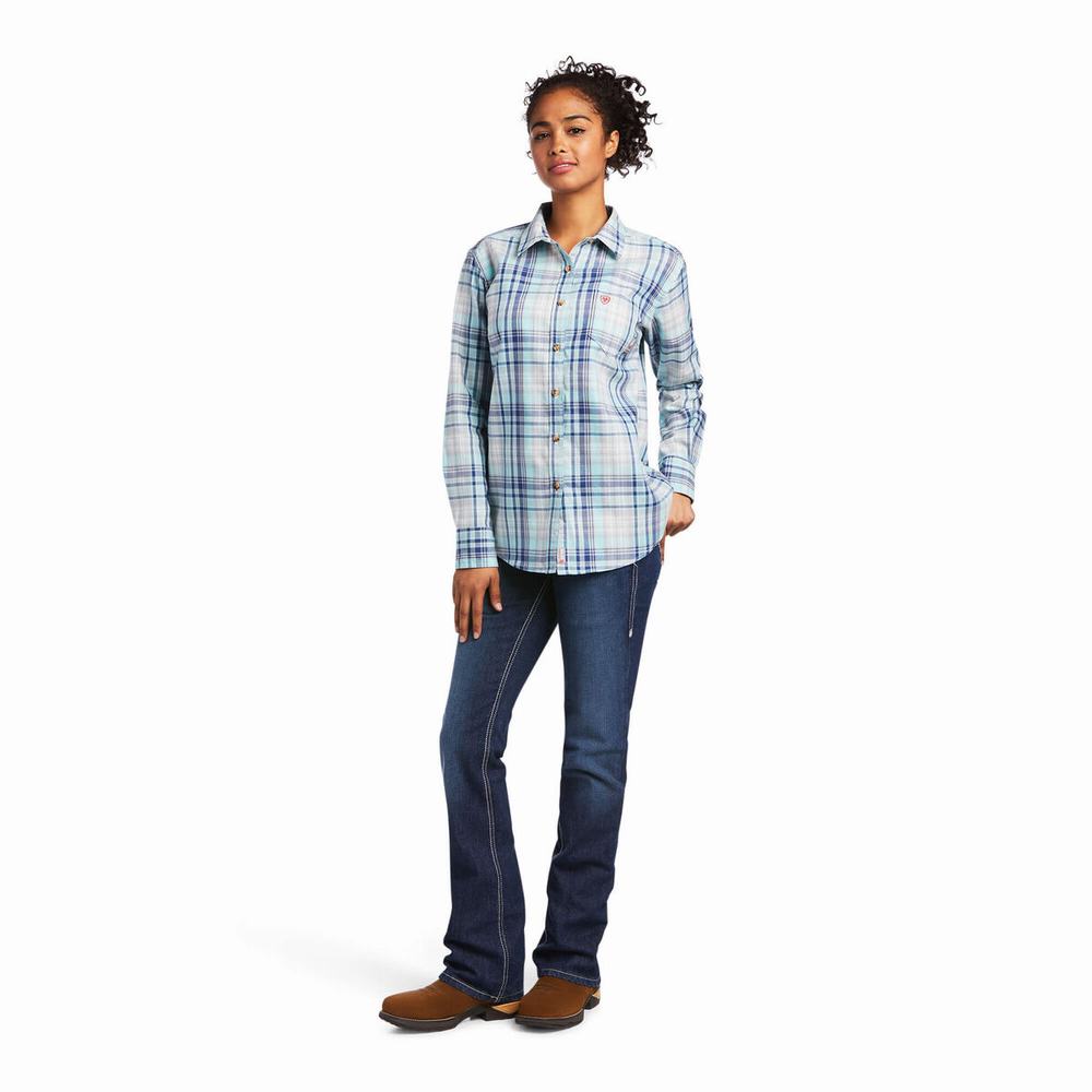 Light Turquoise Blue Ariat FR Sabine Logo Women's Shirts | HMRA20856