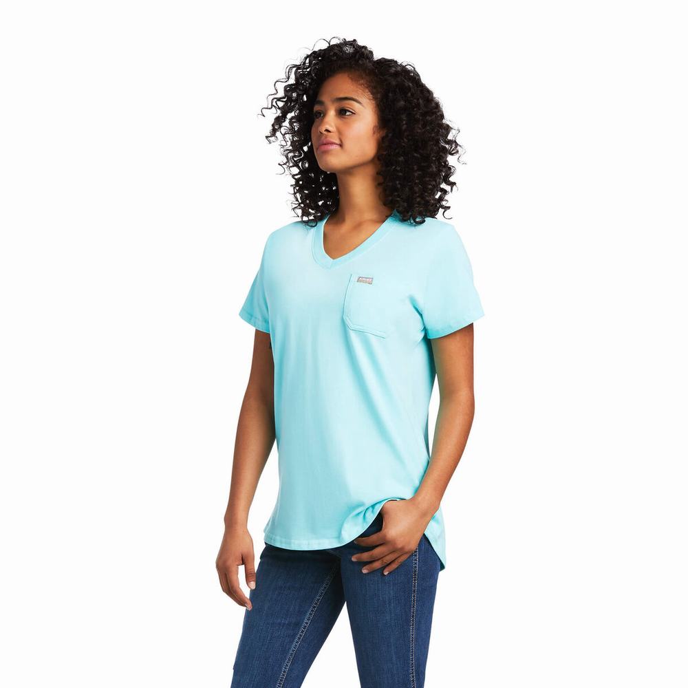 Light Turquoise Blue Ariat Rebar Cotton Strong Wrench Graphic Women's Tops | FOKS62075