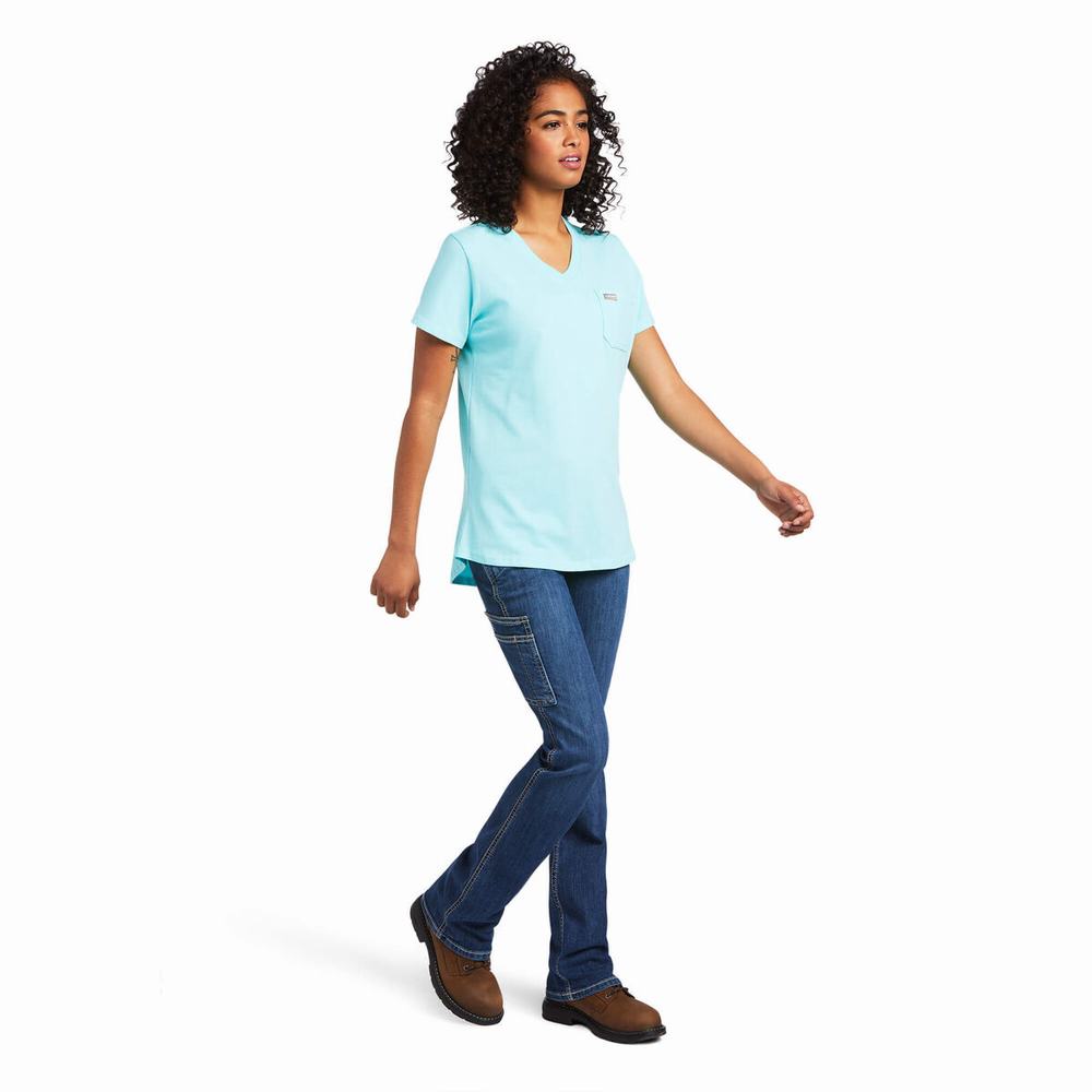 Light Turquoise Blue Ariat Rebar Cotton Strong Wrench Graphic Women's Tops | FOKS62075