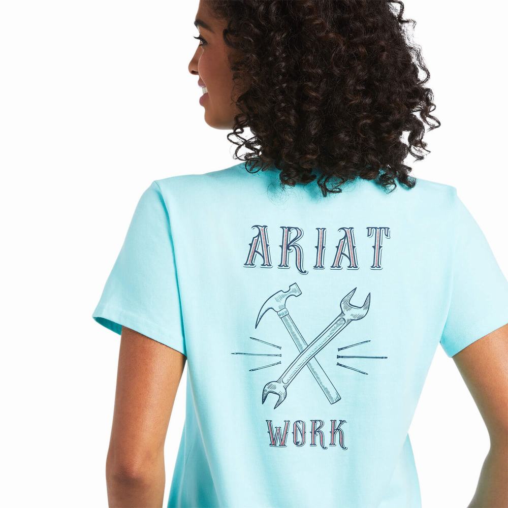 Light Turquoise Blue Ariat Rebar Cotton Strong Wrench Graphic Women's Tops | FOKS62075