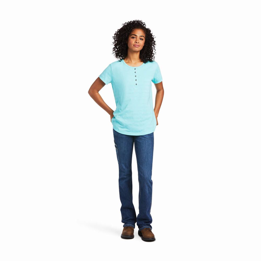 Light Turquoise Blue Ariat Rebar Henley Women's Tops | KIBY51879