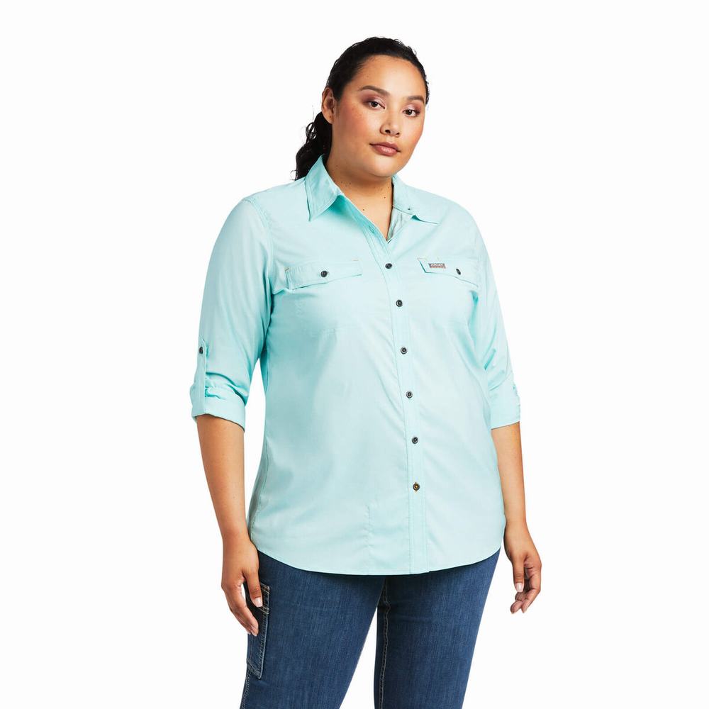 Light Turquoise Blue Ariat Rebar Made Tough VentTEK DuraStretch Women's Shirts | YIST50174