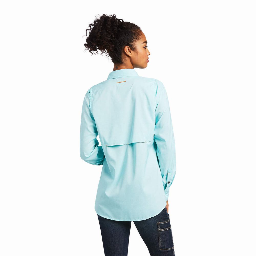 Light Turquoise Blue Ariat Rebar Made Tough VentTEK DuraStretch Women's Shirts | YIST50174