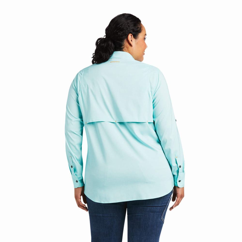 Light Turquoise Blue Ariat Rebar Made Tough VentTEK DuraStretch Women's Shirts | YIST50174