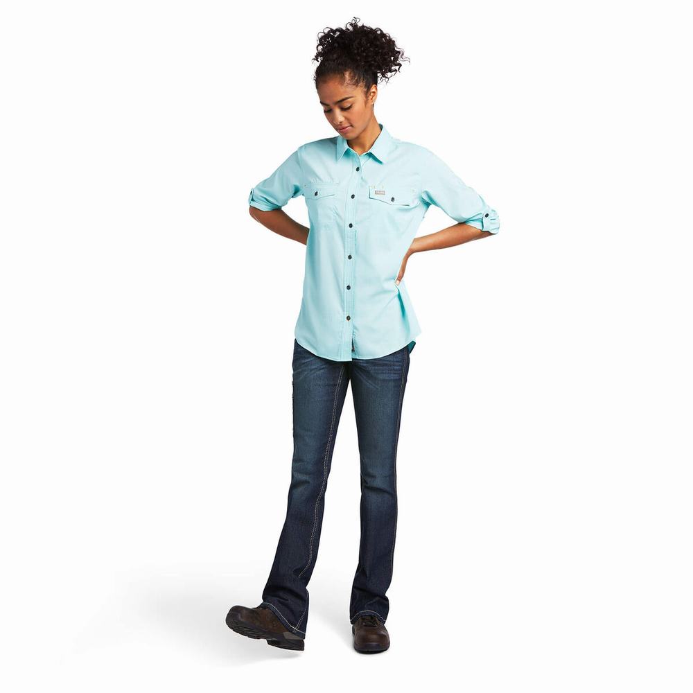 Light Turquoise Blue Ariat Rebar Made Tough VentTEK DuraStretch Women's Shirts | YIST50174