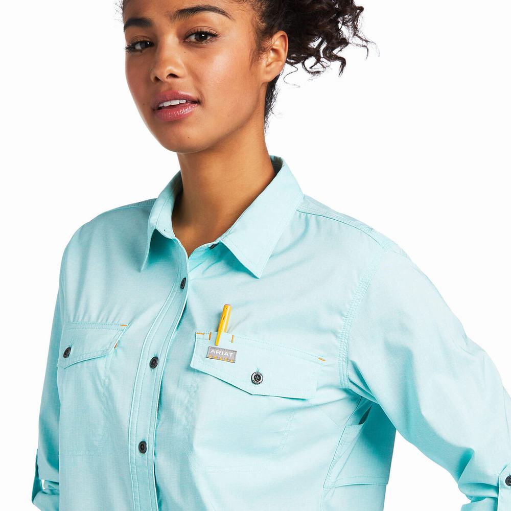 Light Turquoise Blue Ariat Rebar Made Tough VentTEK DuraStretch Women's Shirts | YIST50174