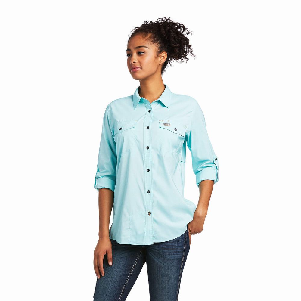 Light Turquoise Blue Ariat Rebar Made Tough VentTEK DuraStretch Women\'s Shirts | YIST50174