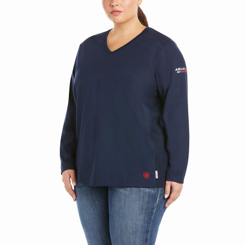 Navy Ariat FR AC Crew Women's Shirts | TLHO27956