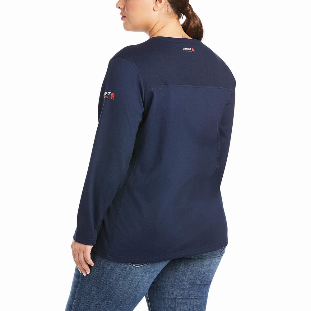 Navy Ariat FR AC Crew Women's Shirts | TLHO27956