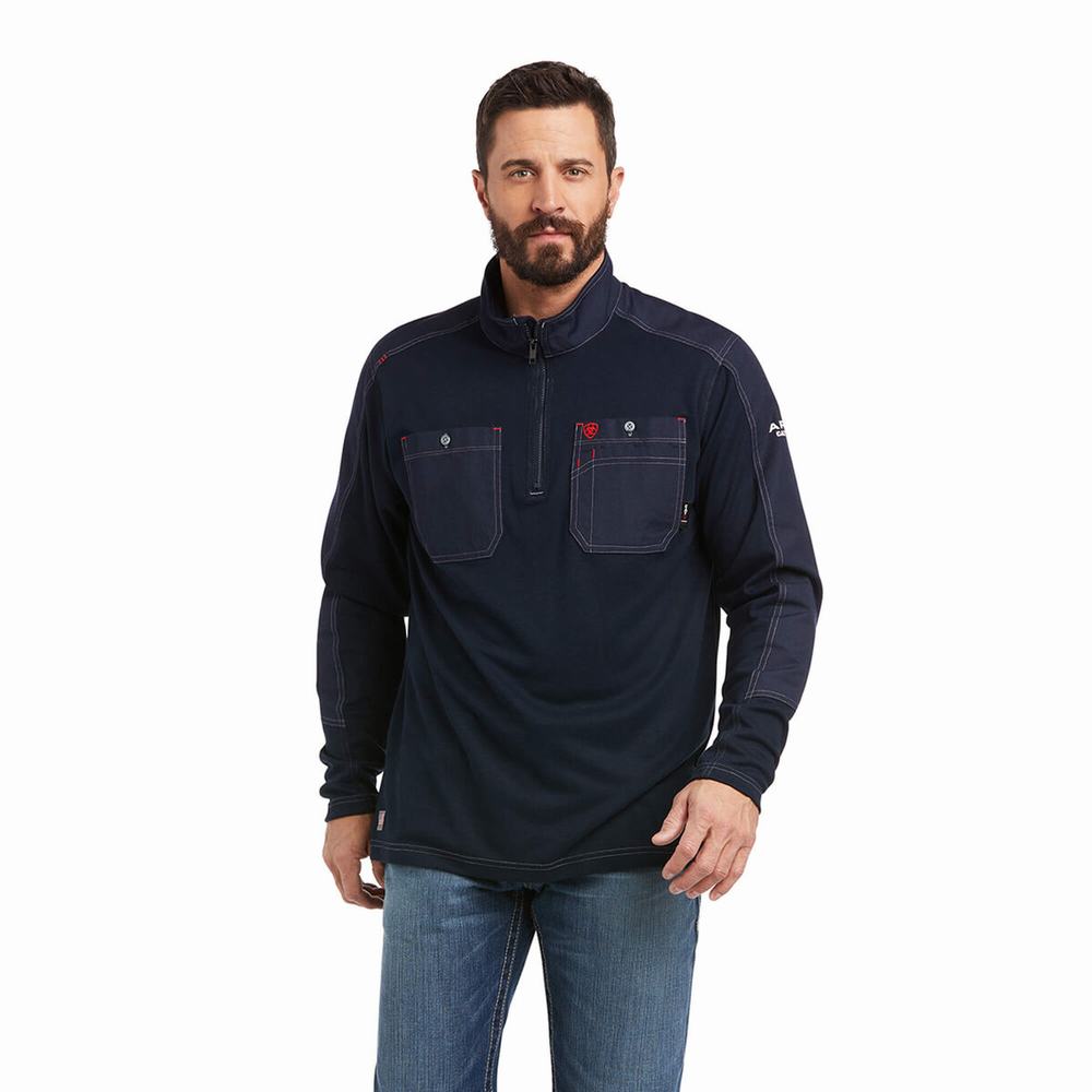 Navy Ariat FR DuraLight 1/4 Zip Men\'s Shirts | XENI86391