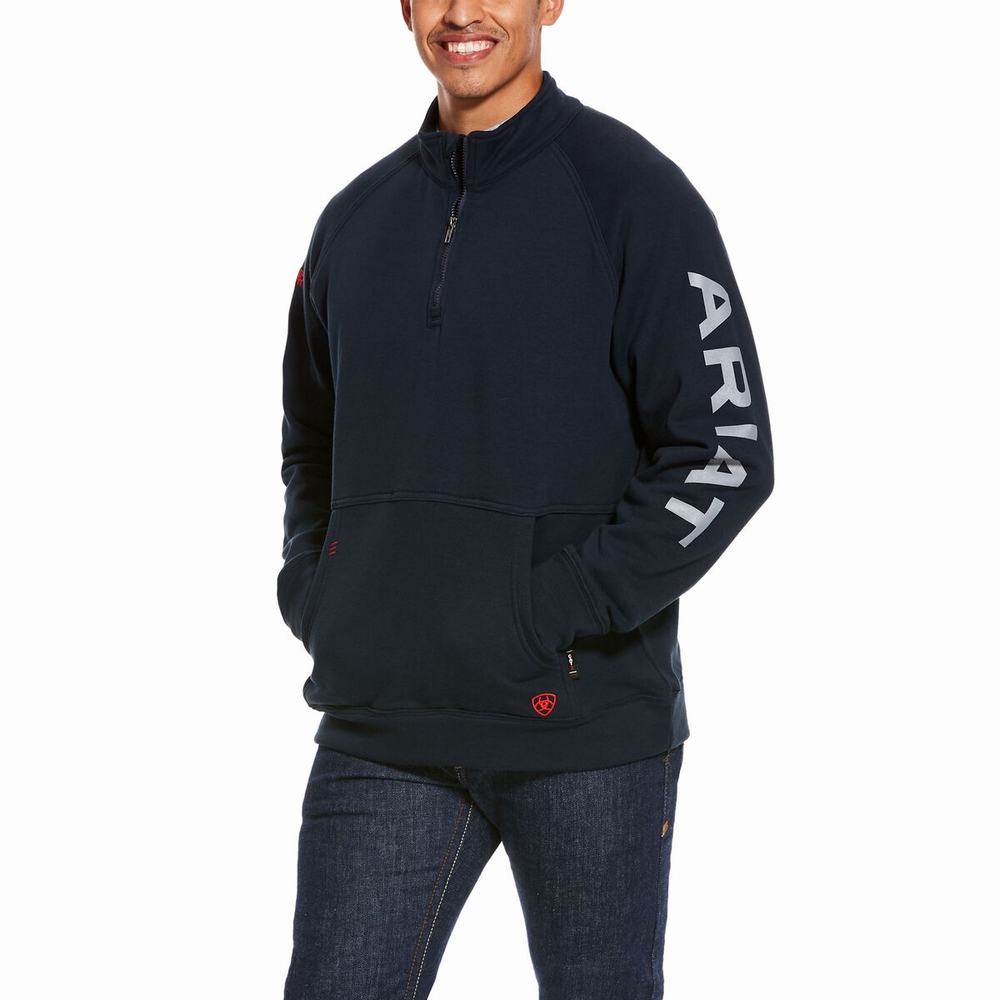 Navy Ariat FR Primo Fleece Logo 1/4 Zip Men\'s Hoodies | ULWG65109