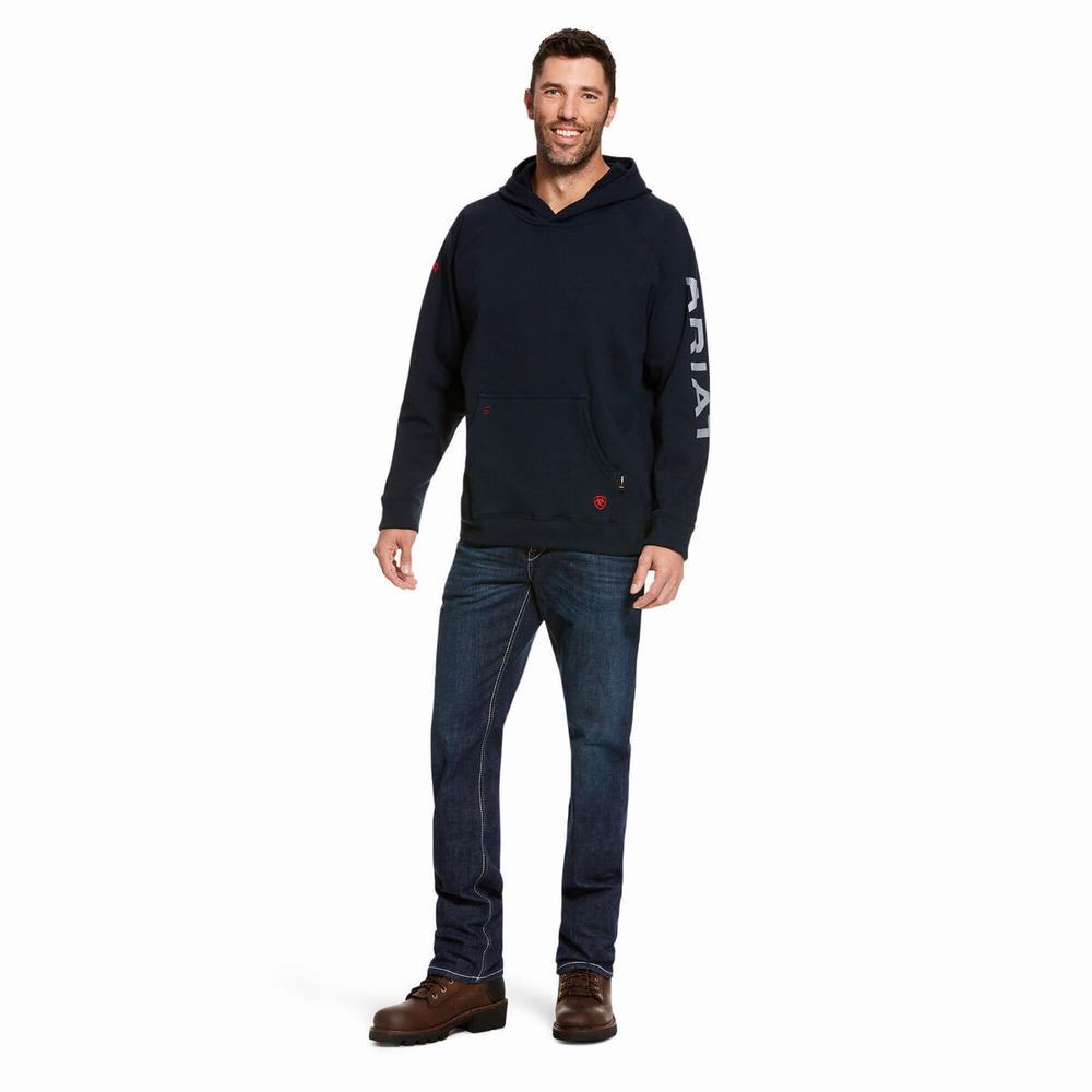 Navy Ariat FR Primo Fleece Logo Men's Hoodies | NDUR35782