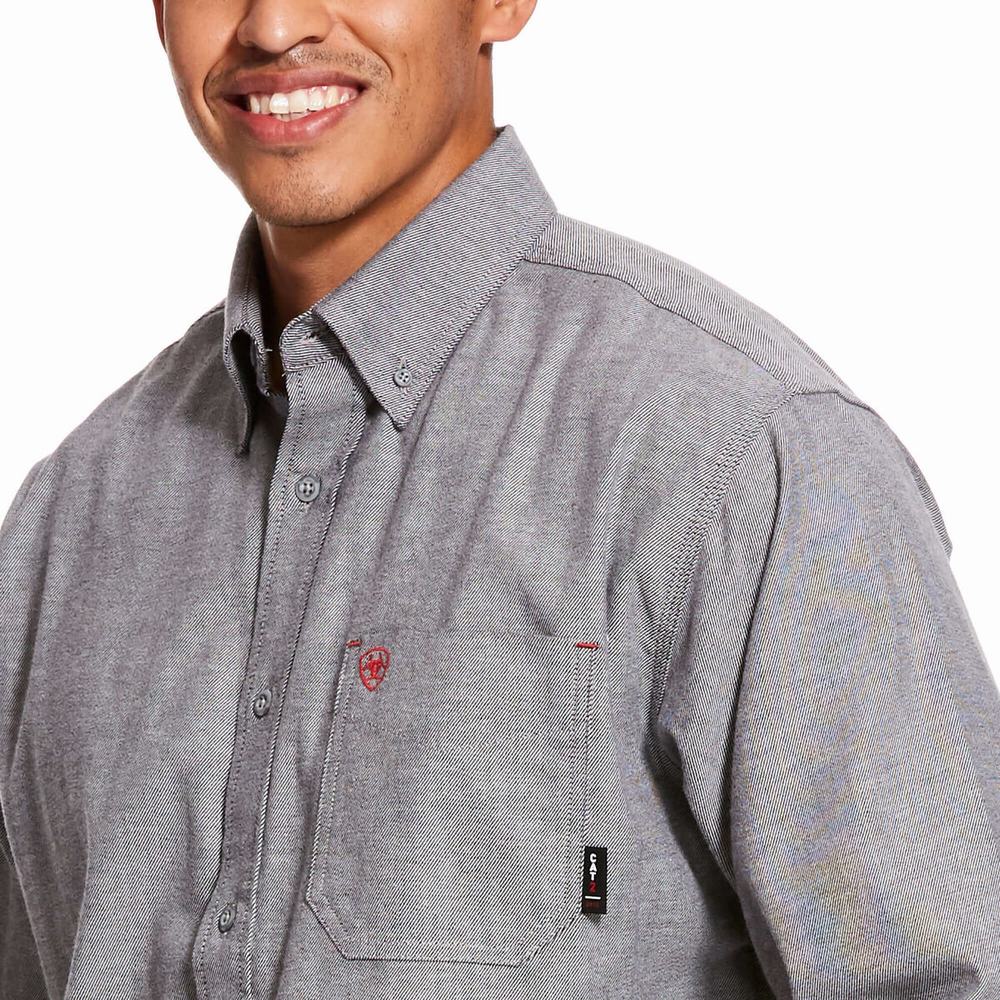 Navy Ariat FR Solid Twill DuraStretch Men's Shirts | ROPF84532